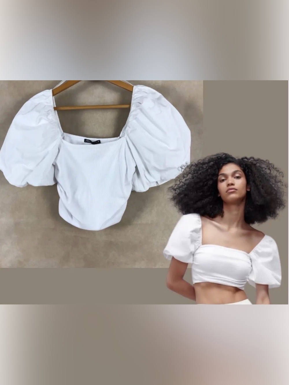 Zara White Puff-Sleeve Square-Neck Crop Top- medium